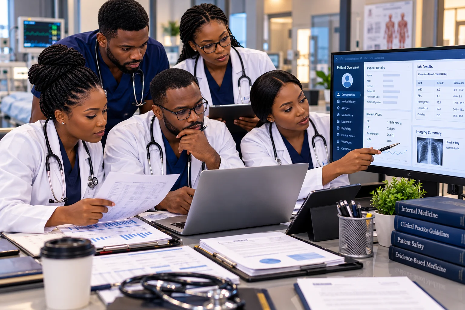 Hospital staff reviewing patient records and data systems